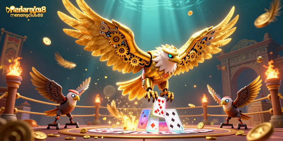 Engage with menangclub88 in a vibrant 3D scene featuring a cybernetic golden eagle amidst holographic cards and dynamic gambling elements.