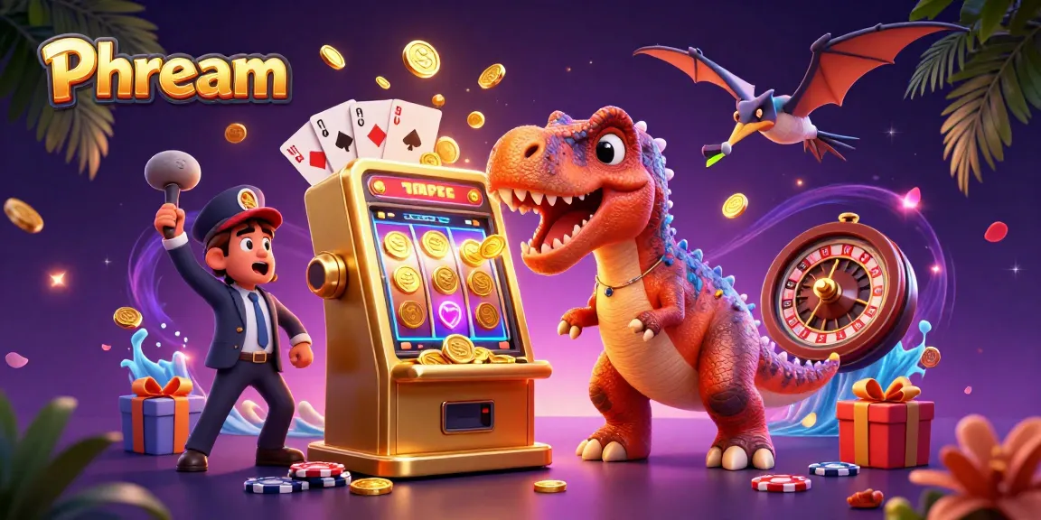 Experience Phdream with a playful pachycephalosaurus and exciting jackpot coins flying from a slot machine.