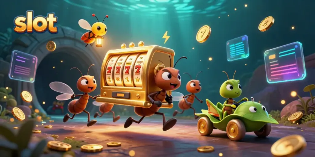 Engaging scene of cartoon ants carrying a giant slot machine, set in a vibrant casino environment.