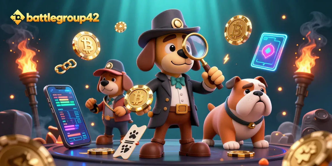 battlegroup42 showcases a cartoon detective and bulldog exploring a casino clue surrounded by vibrant crypto elements.