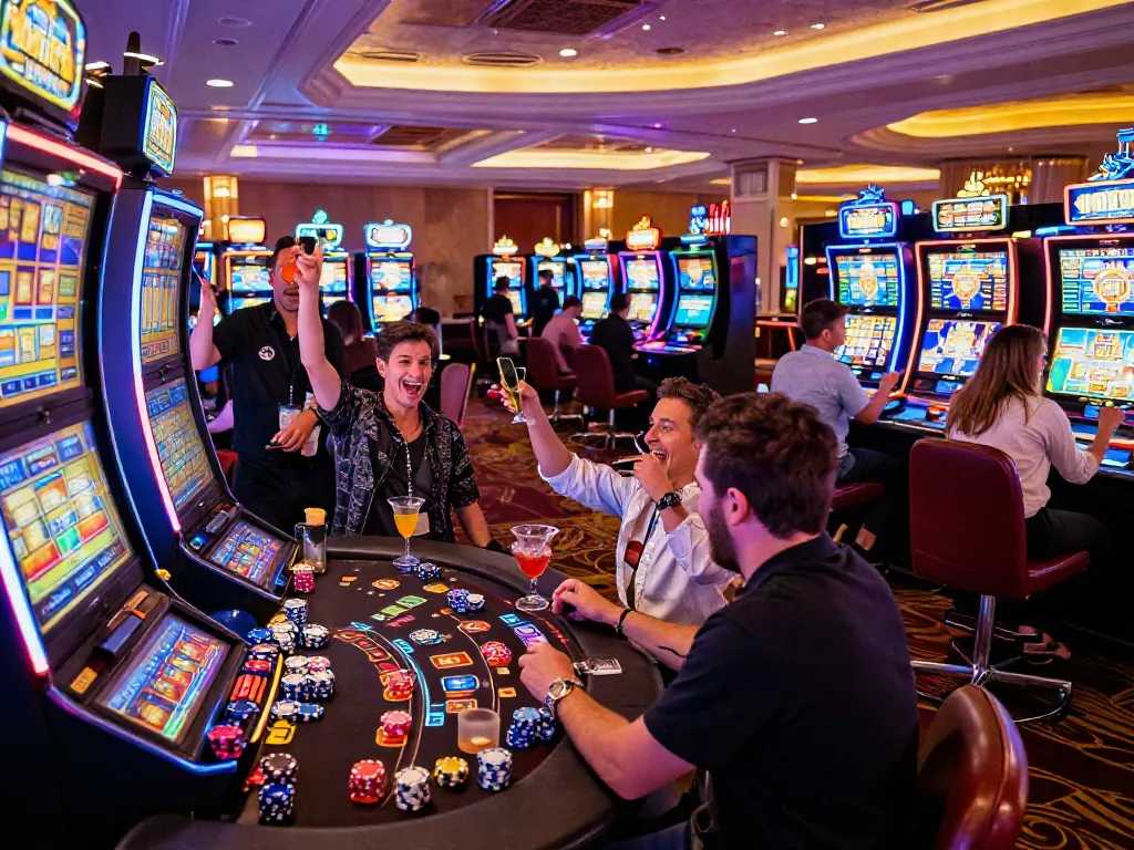 Lucky777 casino scene with players enjoying slot machines and vibrant lights.