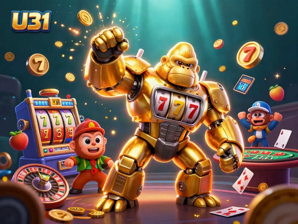 U31's colorful casino experience featuring a golden mech surrounded by slot and betting elements.