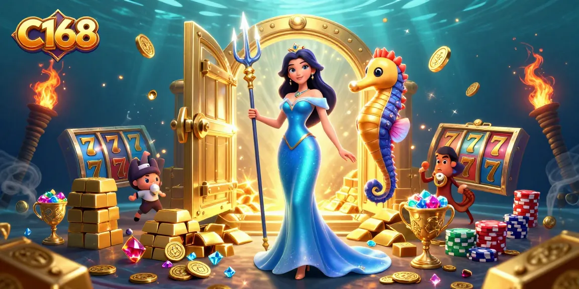 C168 offers an underwater gaming adventure with vibrant slot reels and treasures illuminating excitement.