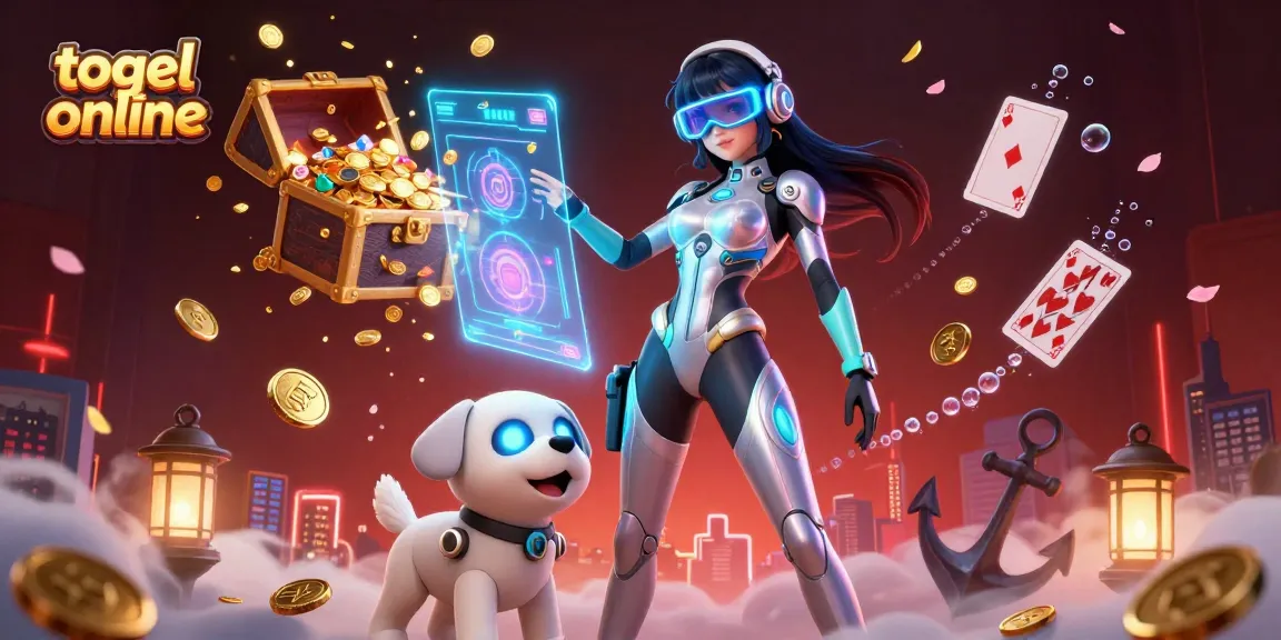 Engage in togel online with a dynamic 3D illustration showcasing a woman in futuristic attire and a robotic dog.
