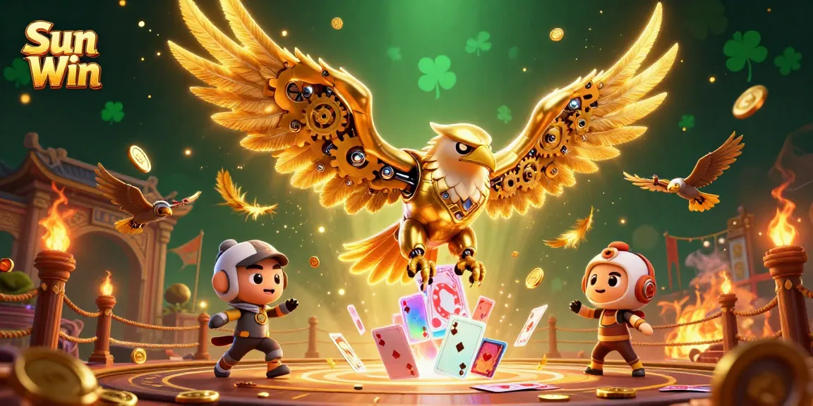 Experience exciting gameplay with Sun Win featuring a dynamic 3D scene of a golden eagle amidst holographic cards.