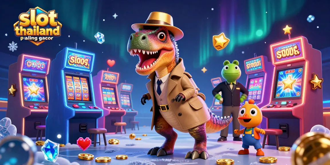 Experience excitement with slot thailand paling gacor as a velociraptor card counter and friends maneuver around a colorful slot machine.