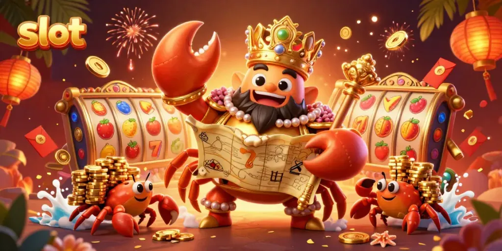 Engage with vibrant slot action featuring a golden crab emperor, lucky symbols, and dynamic elements.