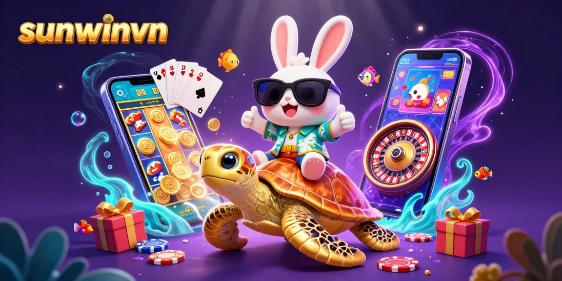 Experience thrilling gameplay at sunwinvn with a lucky rabbit and golden turtle in a vibrant casino scene.