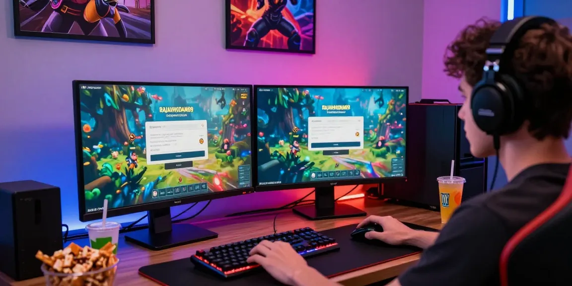 Player immersed in rajakhodam89 login on dual screens with gaming setup.