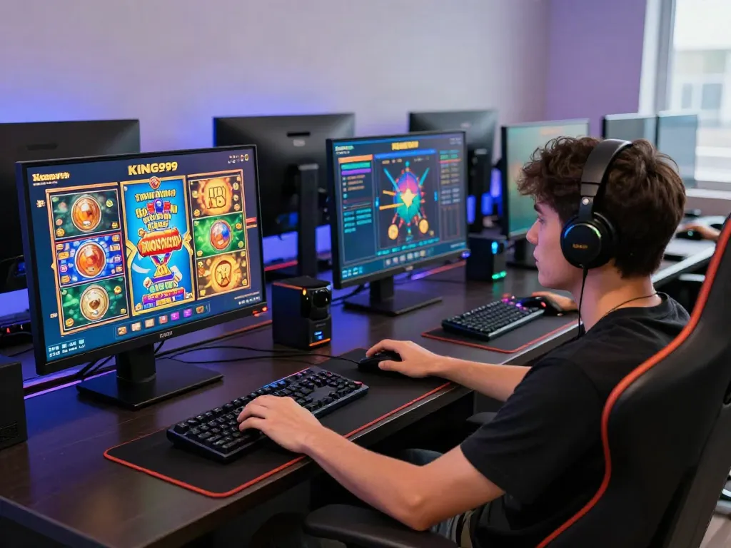 Engaged player using the KING999 gaming platform with vibrant slot games.
