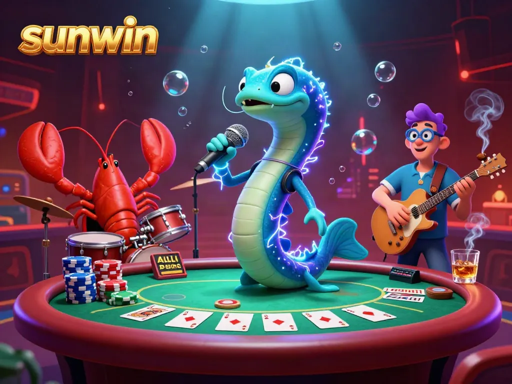 Experience the exhilarating underwater casino performance with the electric eel DJ at sunwin, surrounded by vibrant game elements.