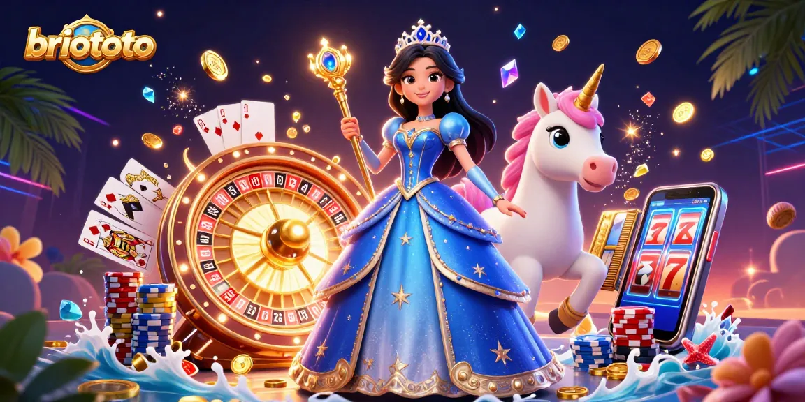 Spin the reels with Briototo's captivating 3D casino scene featuring sparkling gems and exciting gaming elements.