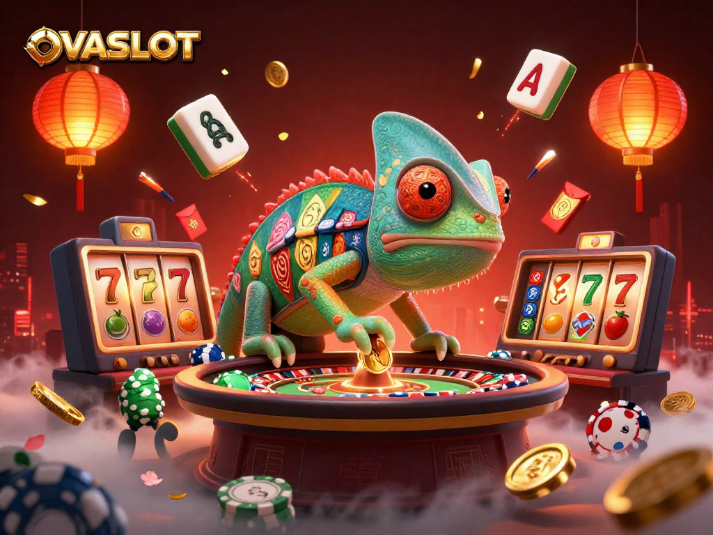 Experience the excitement of OVASLOT with dynamic casino action featuring a colorful chameleon owner.