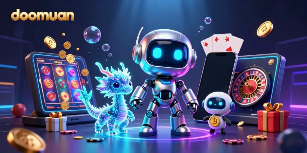 Dive into doomuan's vibrant betting scene with a cyberpunk robot and AI companions celebrating gaming wins.