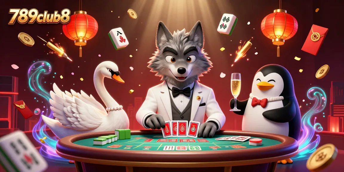 Experience the excitement of 789club8 with charming characters at a baccarat table amidst vibrant casino elements.