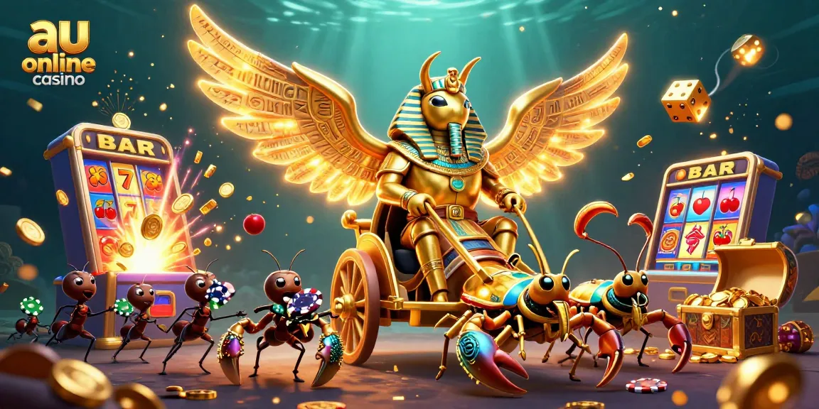 Engage with the thrill of au online casino adventures through an enchanting 3D scene of a golden scarab beetle.