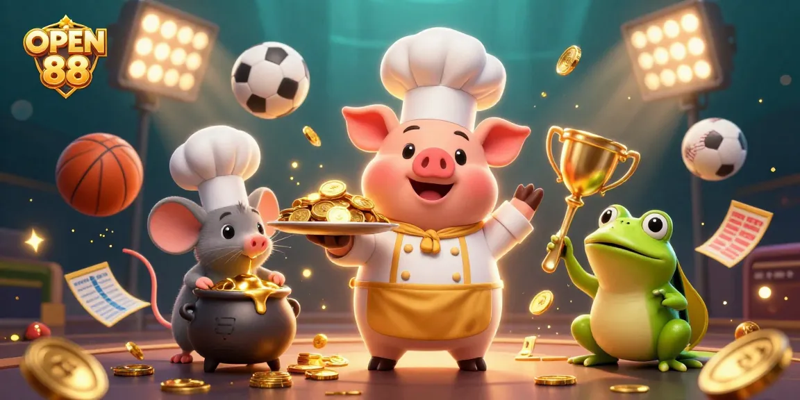 Bet gold coins and sports balls in a rich illustration promoting OPEN 88's online casino experience.