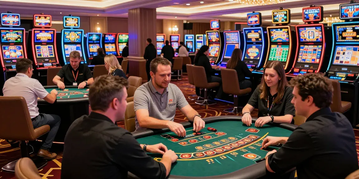 Exciting KO66 casino scene with players at table games and vibrant slot machines