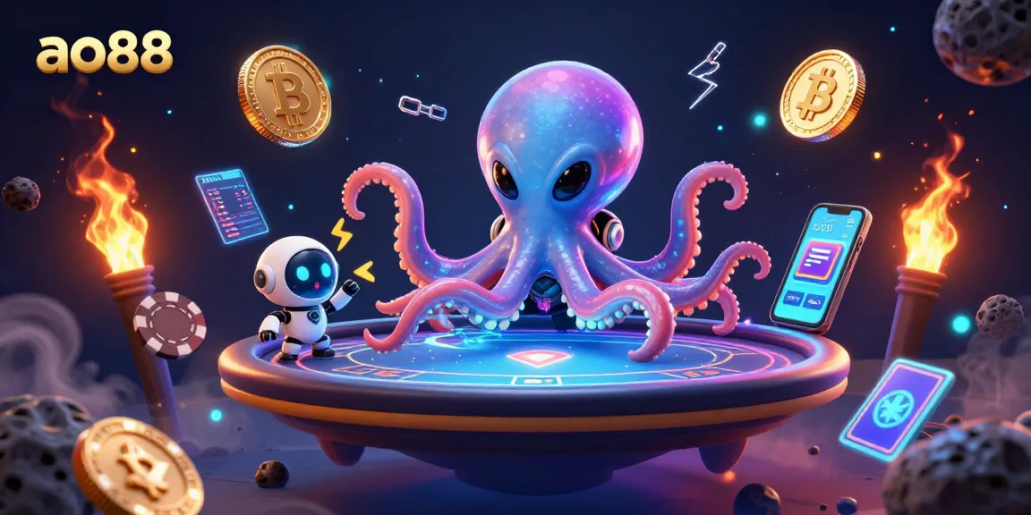 Experience excitement at ao88 with a cosmic poker scene featuring an alien octopus and robot amidst digital crypto elements.