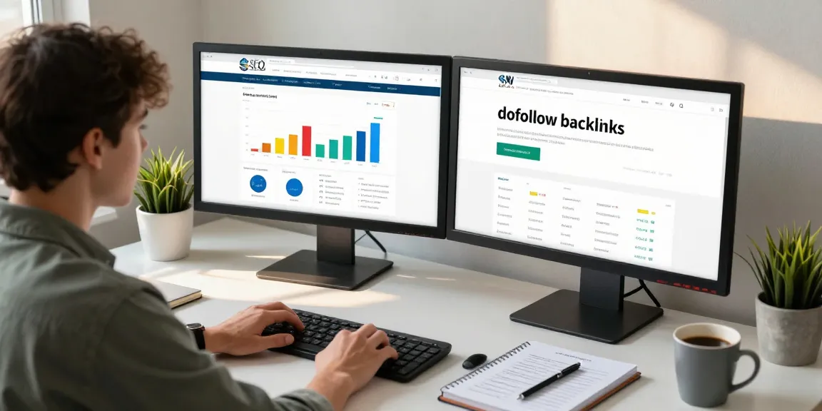 Buying dofollow backlinks in a modern workspace with SEO tools displayed.