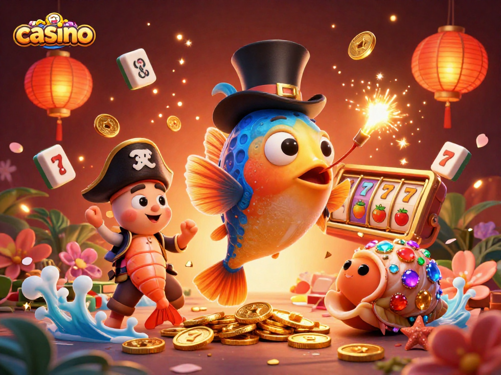 Attract golden coins in a vibrant casino scene with deep-sea characters and slot elements.