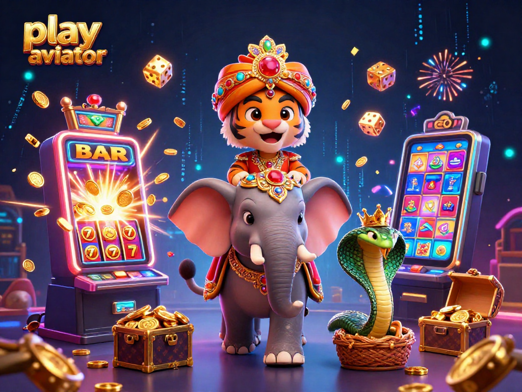 Play aviator: Experience thrilling gameplay with a maharaja, elephant, and cobra in a vibrant casino scene.