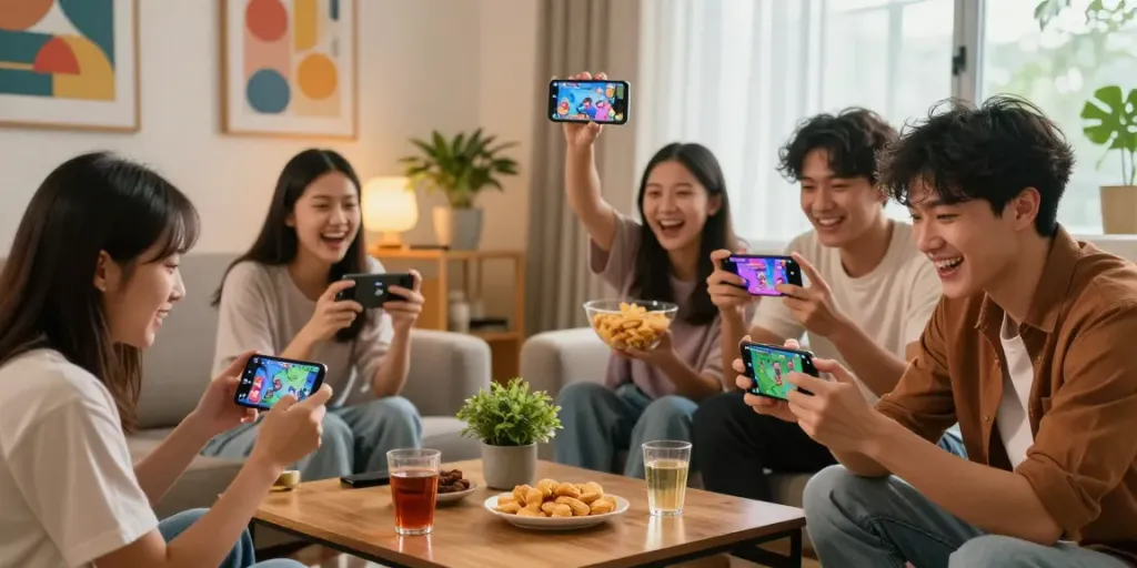 Friends enjoying the exciting 3 Patti No1 mobile game in a cozy living room, showcasing camaraderie and fun.