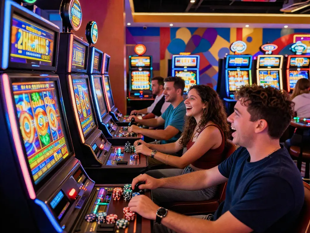 Players celebrating around slot jackpot machines in a vibrant casino atmosphere.