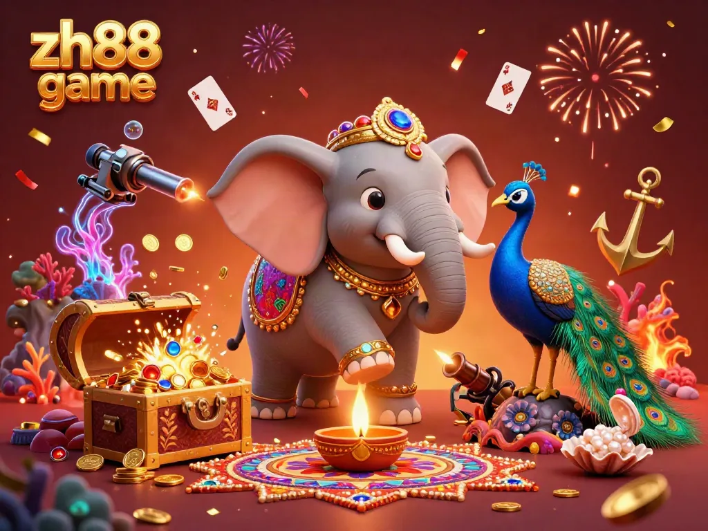 Engage in the zh88 game with a dynamic scene featuring colorful characters, casino elements, and exciting visuals.