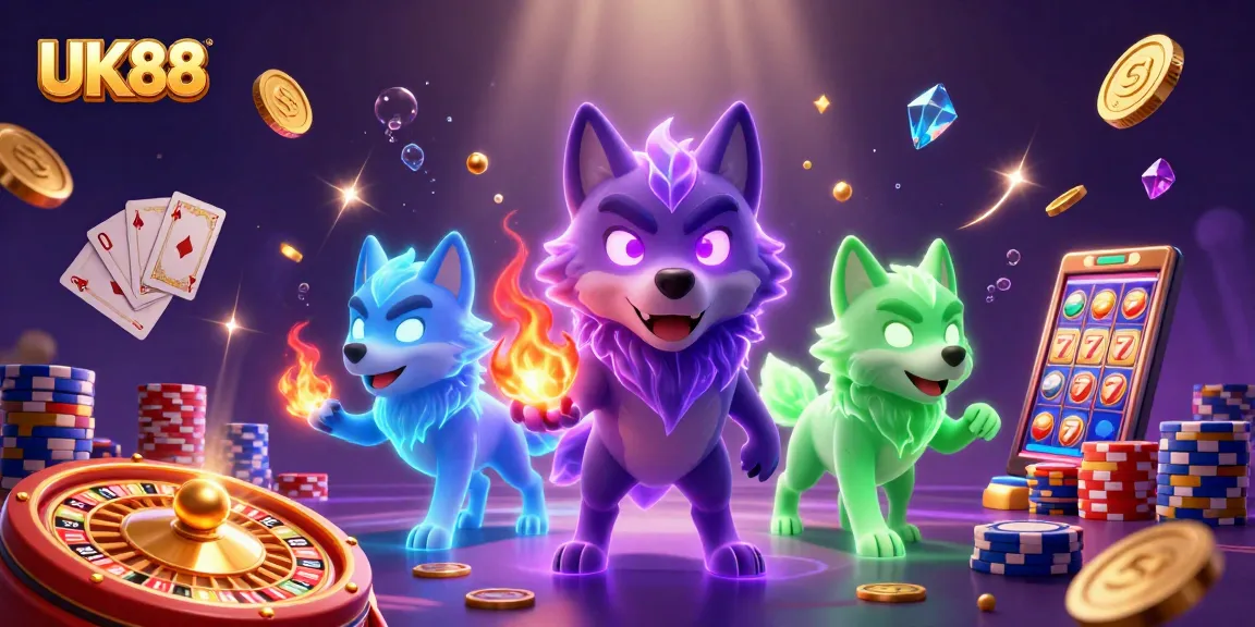 Engage in thrilling gameplay with UK88's vibrant casino atmosphere featuring wolves and dynamic gaming elements.