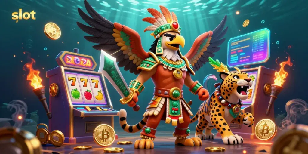 Menangkan slot dengan strategi tepat, dikelilingi slot reel dan simbol keberuntungan.