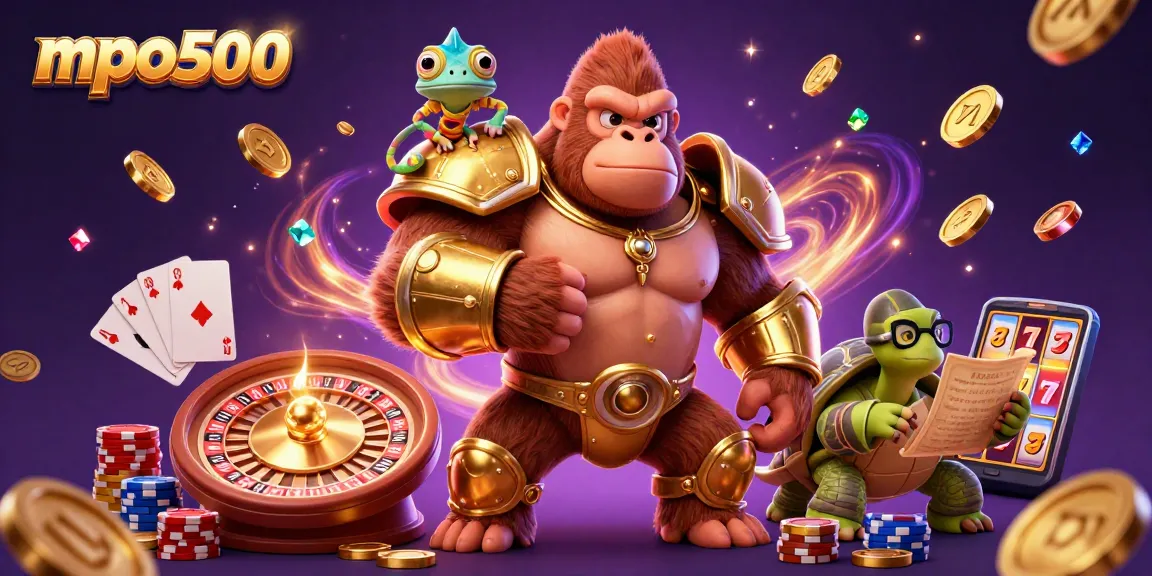 Engage with mpo500 in a vibrant 3D cartoon scene showcasing iconic gambling elements.