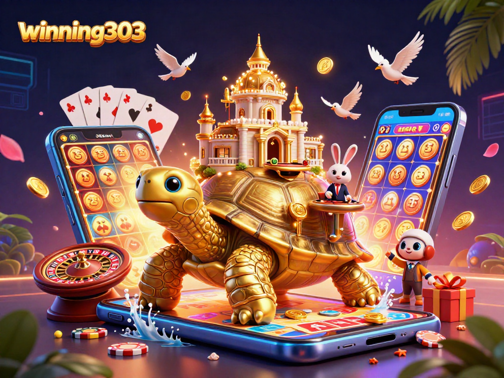 Winning303 showcases a colorful casino scene with a giant golden tortoise and vibrant game elements.