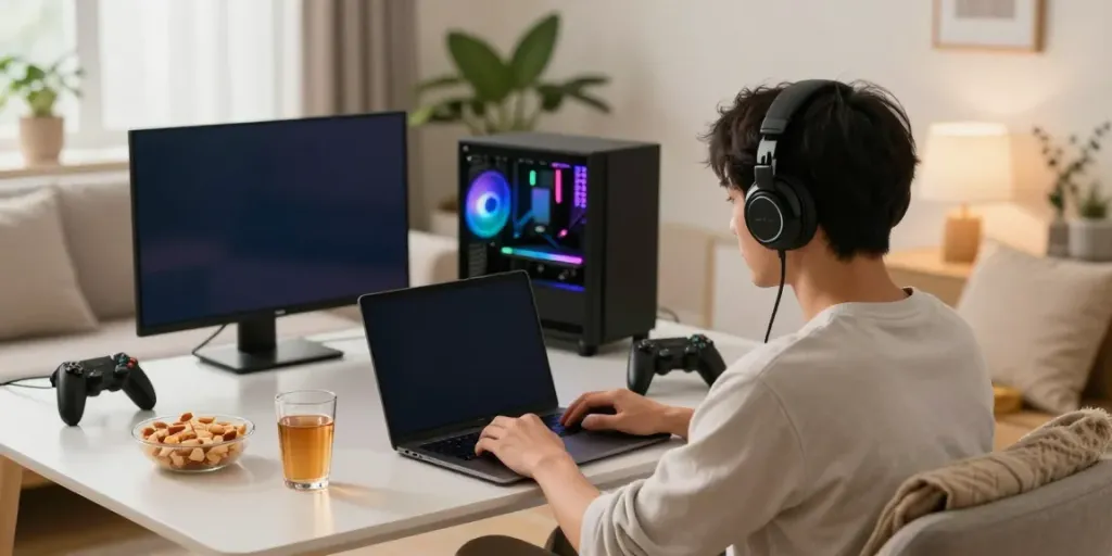 Pengalaman bermain yang nyaman di hokkaidoryoma.com, gamer santai dengan laptop, makanan ringan, dan suasana rumah yang hangat.