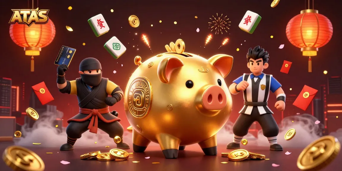 Engage with ATAS in a vibrant 3D casino scene featuring a golden piggy bank sumo wrestler and more.