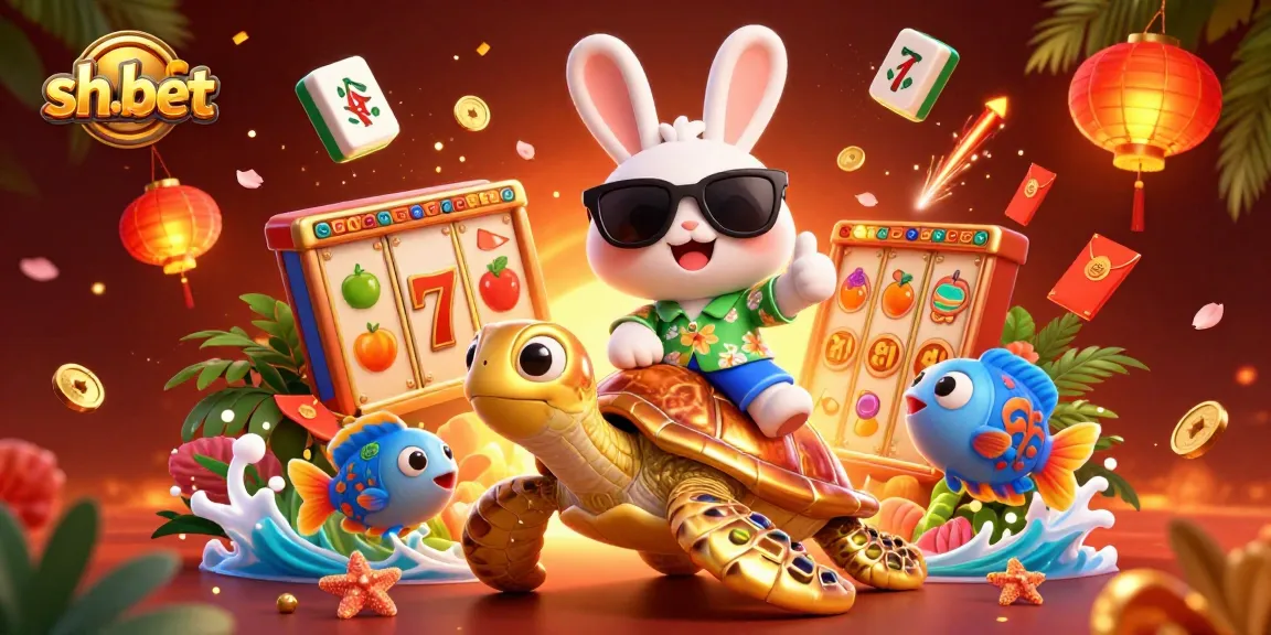 Join the excitement at sh-bet with vibrant 3D illustration showcasing slot games, luck symbols, and fun characters.