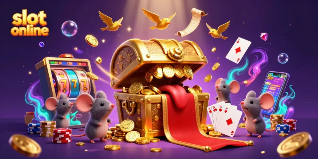 Engage in thrilling gameplay with slot online, surrounded by golden treasures and exciting slot machines