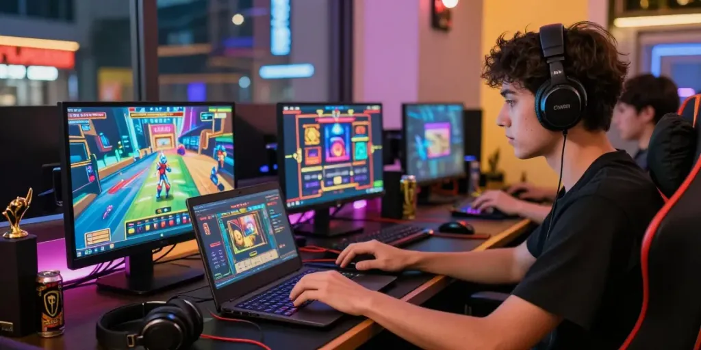 Exciting akunjp online gaming scene with players engaged and colorful slot graphics