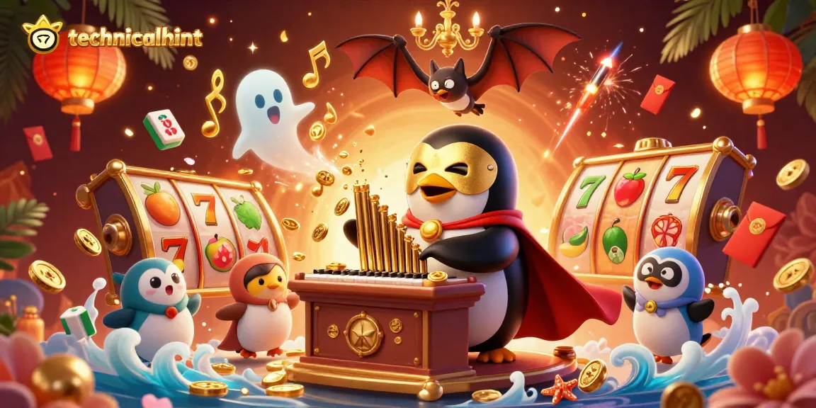 Spin slots with technicalhint in a vibrant, dynamic casino scene featuring a playful penguin.
