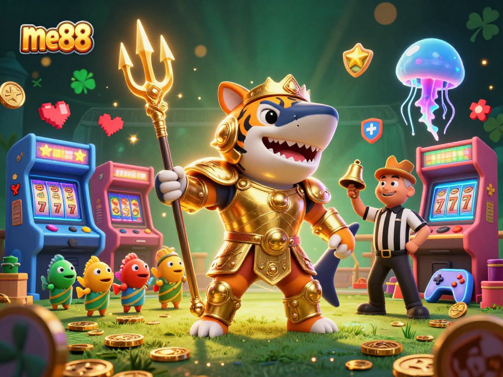 Immerse in me88's vibrant underwater colosseum with a tiger shark, arcade elements, and slot action.