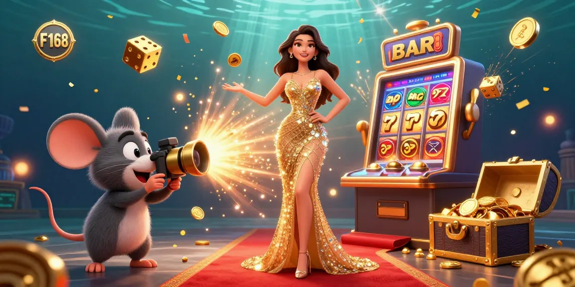Experience the excitement of F168 with a stunning casino-themed illustration featuring jackpots and dynamic game elements.