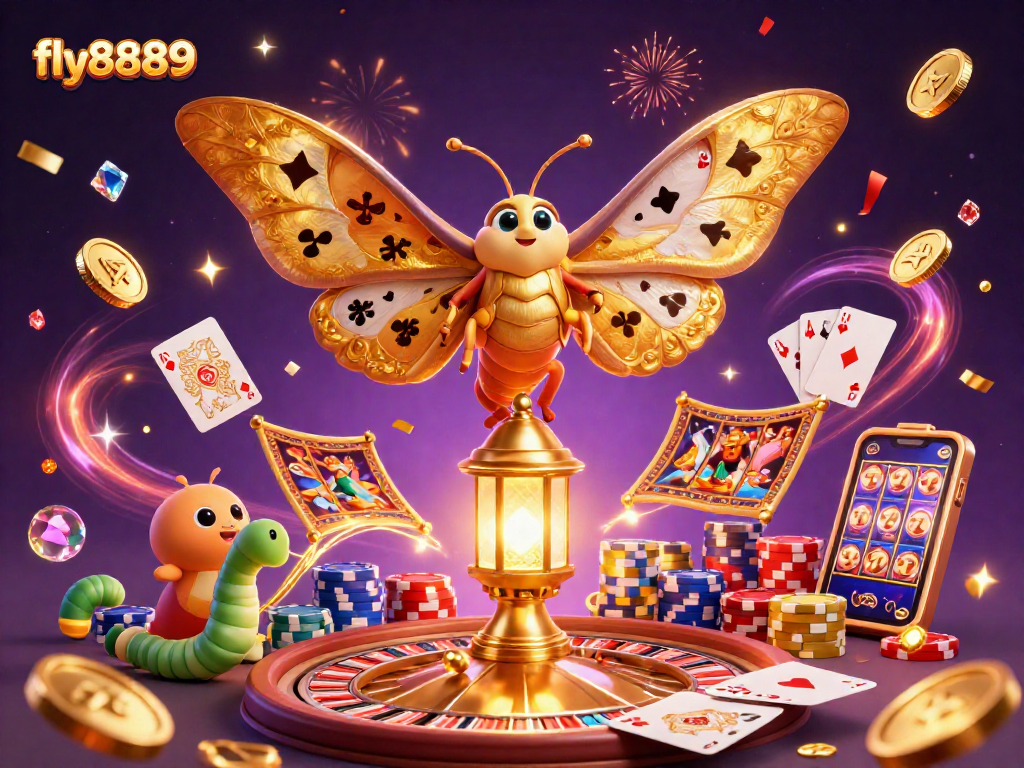 Experience the thrill of fly8889 with a vibrant 3D casino scene featuring lucky reels and rich colors.