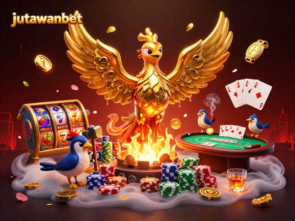 Witness the golden phoenix of jutawanbet reveal exciting slots and poker elements amidst dazzling casino vibes.