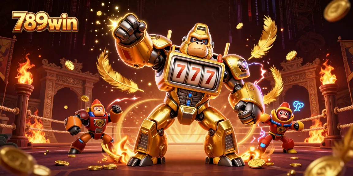 Win big at 789win with a dynamic 3D illustration of a golden gorilla mech in action.