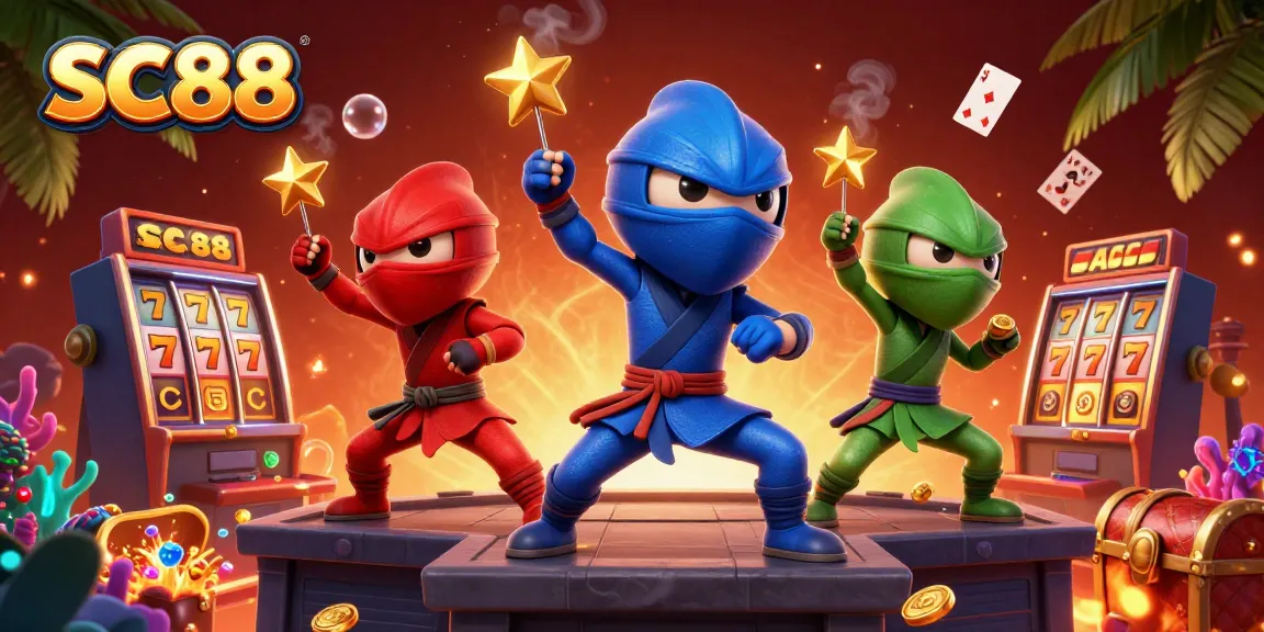 SC88 characters showcase thrilling slots action with gold coins and vibrant casino elements in a detailed 3D scene.