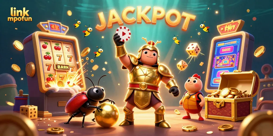 Engage with exciting slot action at link mpofun, featuring a victorious beetle champion and jackpot explosion.