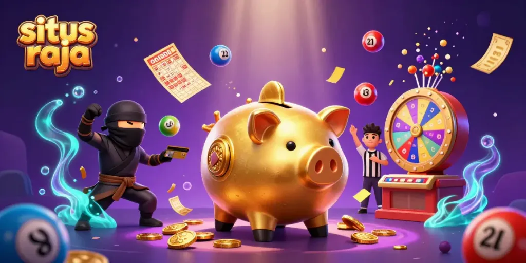 Ilustrasi 3D situs raja dengan karakter unik di ruang kasino yang penuh harta keberuntungan.