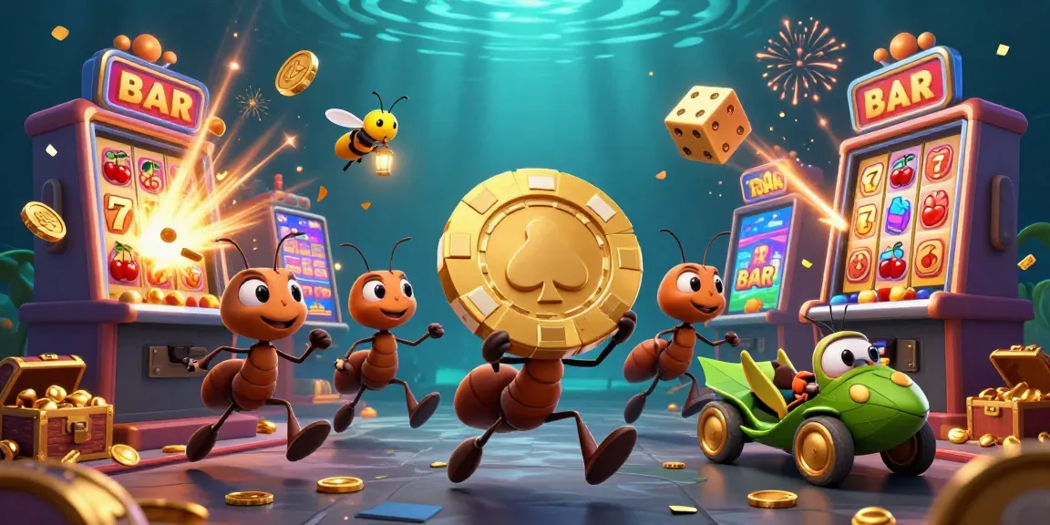 Knittingheretic showcases an exciting casino adventure with playful ants heisting golden poker chips amidst vibrant slots.