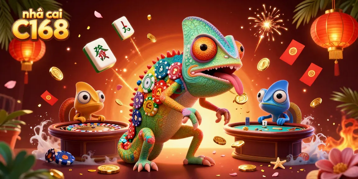 Play exciting games at nhà cái C168 with a vibrant casino scene filled with colorful elements and characters.