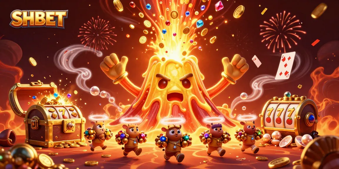 Experience exciting winnings at SHBET with colorful slots, coins, and treasure explosions.